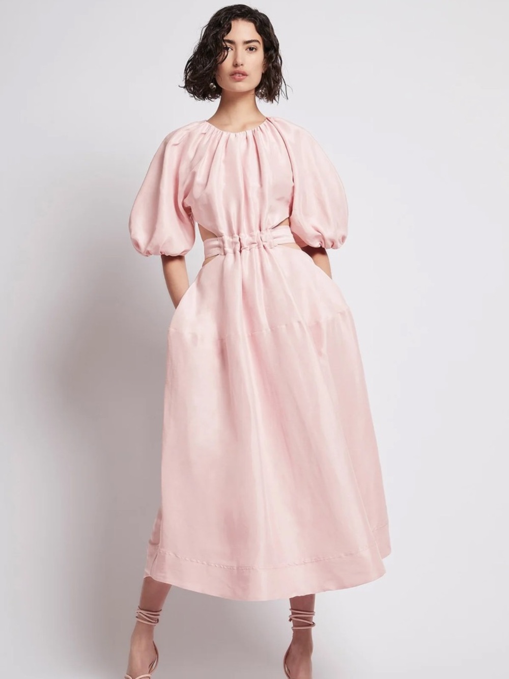 Aje Cut Out Dress Midi Puff Sleeve Open Back Mimosa Tie Waist Silk Pink Size Xs
